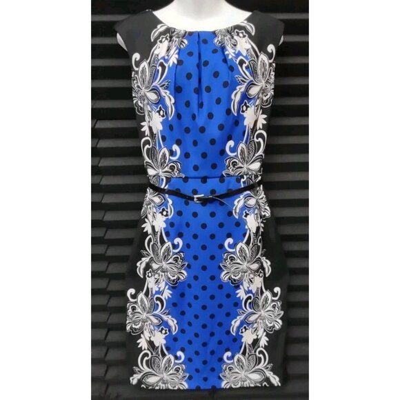 London Times Women Floral Print Sheath Dress Sleeveless White Blue Black Size 6 - Picture 2 of 10